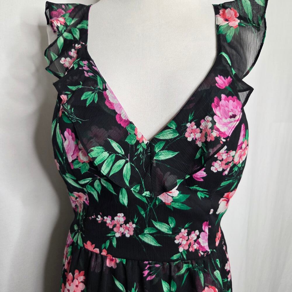 GUESS Ruffled High-Low Sleeveless Maxi Dress Black Pink Floral Size 10 - Picture 7 of 14